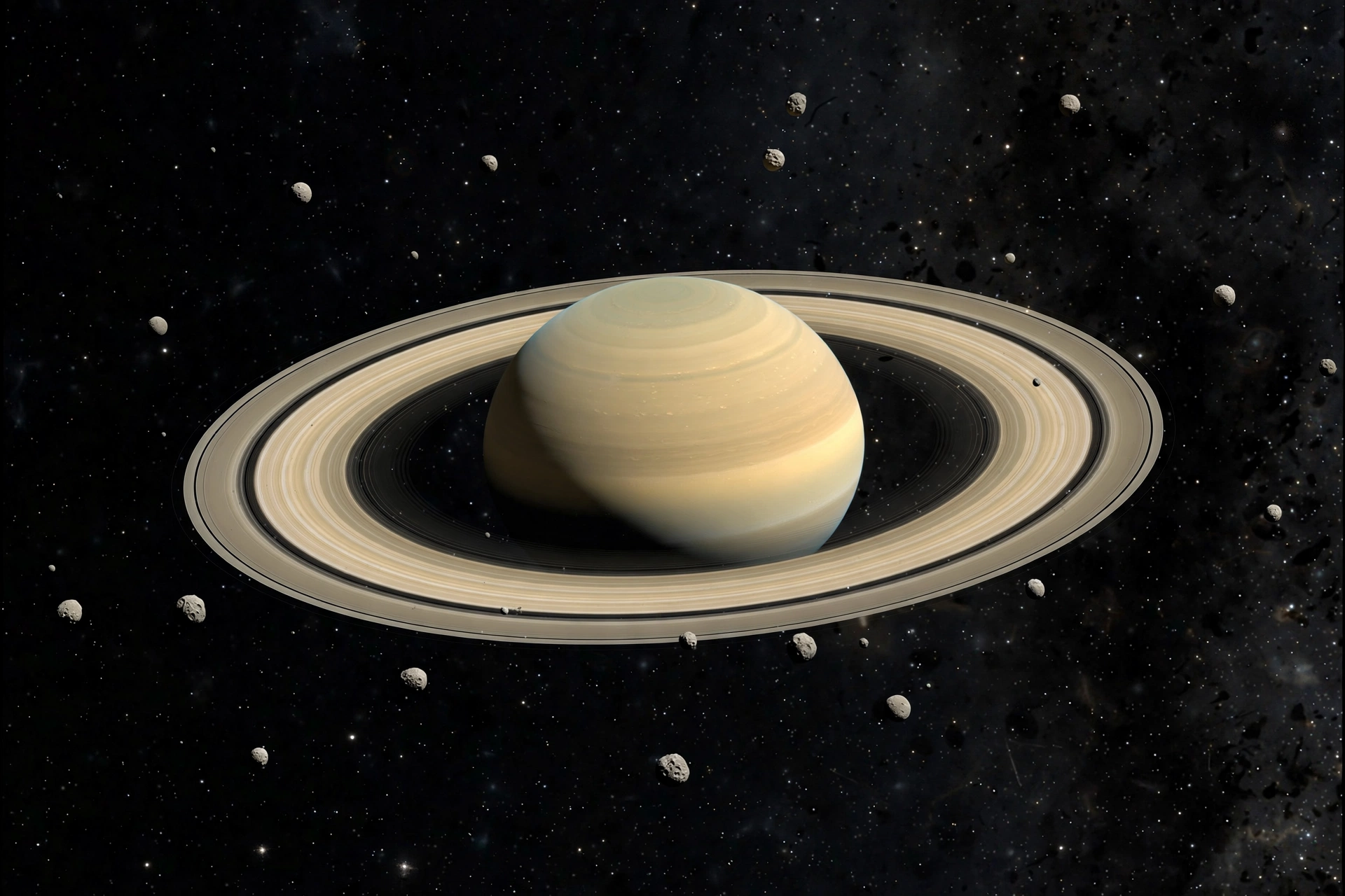 Saturn’s Moon Count Jumps to 274 After 128 New Finds Saturn surrounded by many small moons in deep space