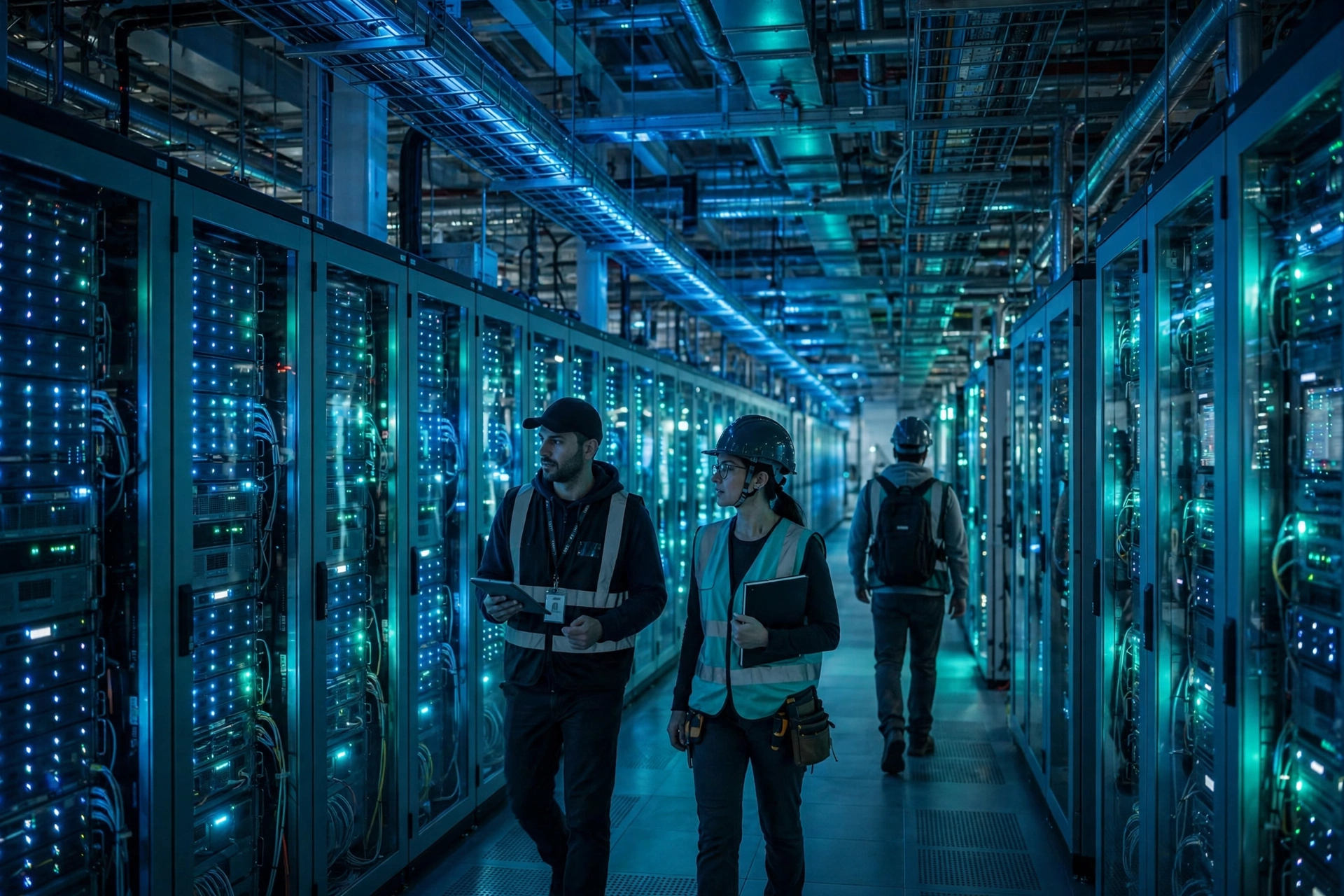 AI Data Center Spending Is Outpacing the Revenue It Must Earn Engineers walking through a large modern AI data center with rows of servers